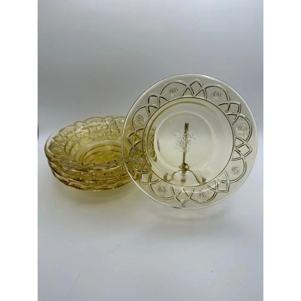 1930s Federal Glass “Rosemary” Dutch Rose Depression Glass Fruit Bowl Set (4)